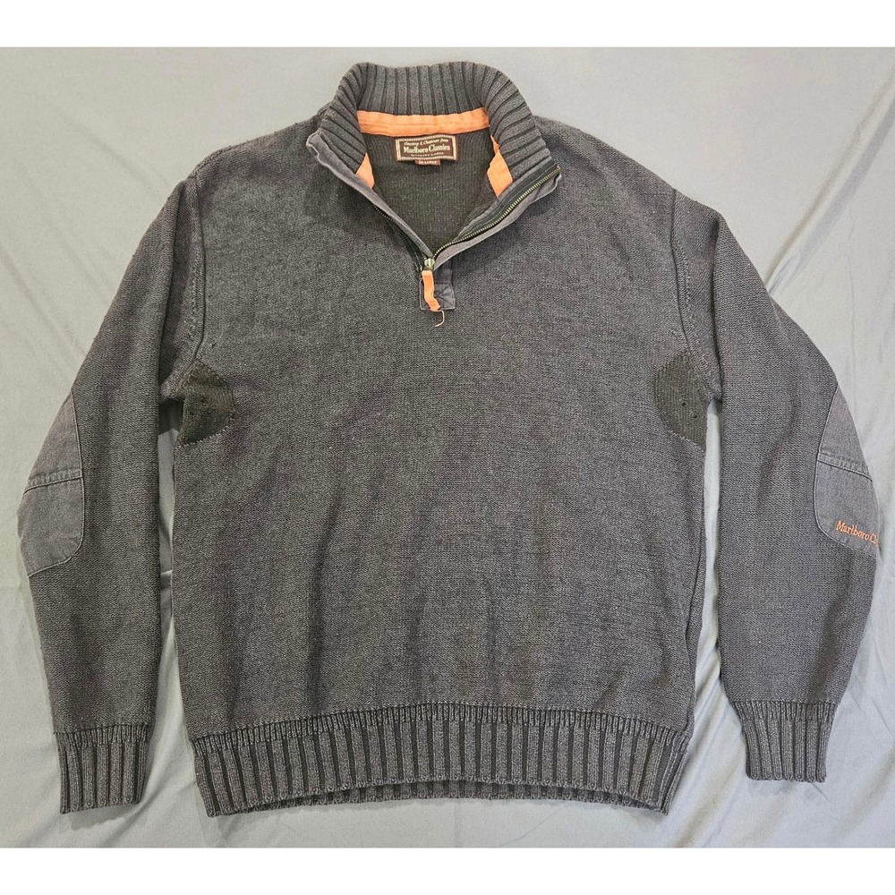 Marlboro Classics Quarter Zip Sweater Mens XXL Gray Cotton Wool Elbow Patches